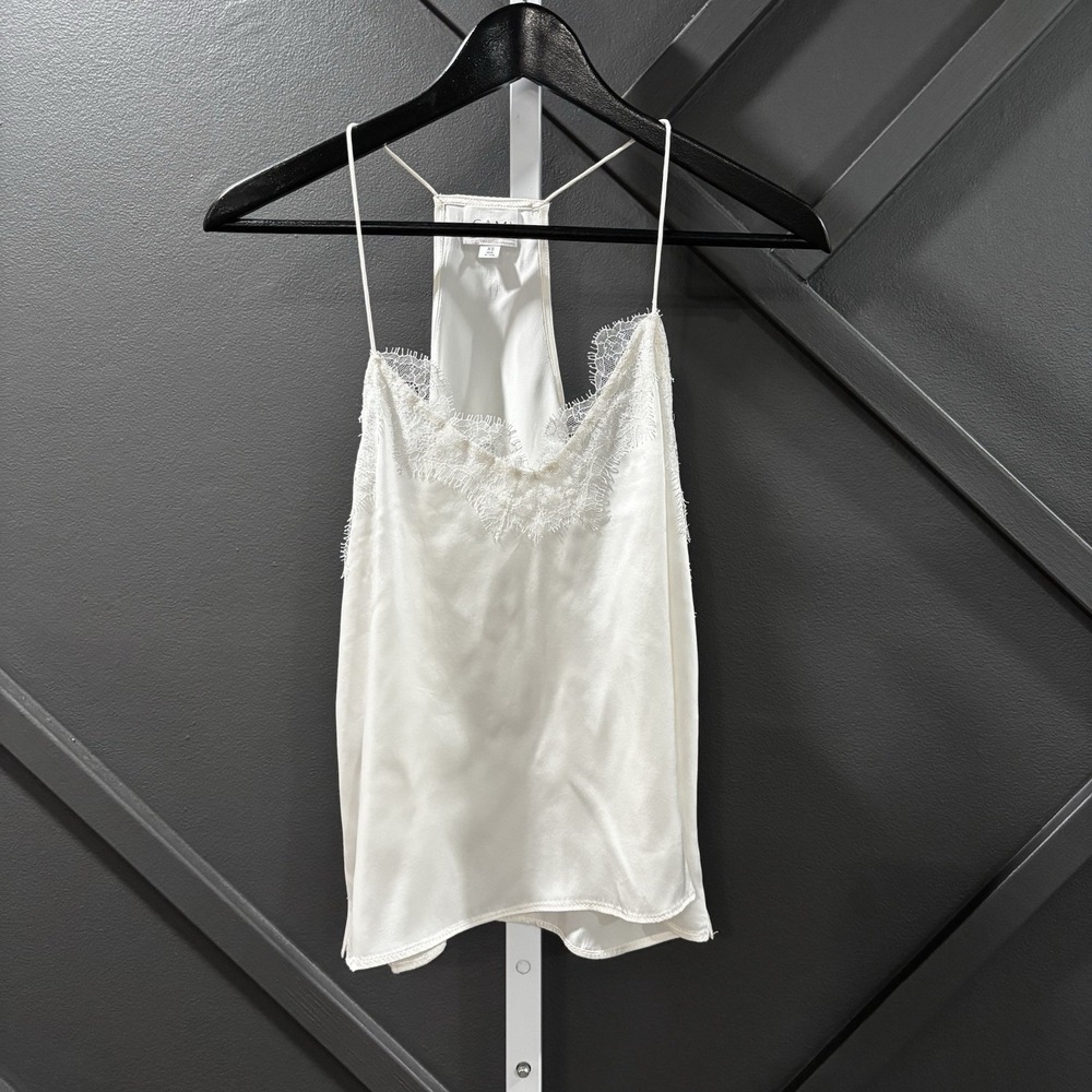 CAMI NYC Silk Racerback Camisole Womens Size XS Ivory Eyelash Lace Trim Tank